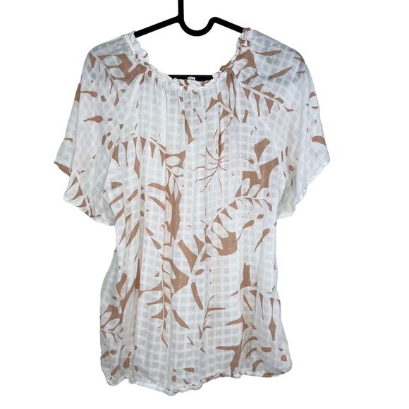 Jane + Delancy Palm Leaf  Flutter Short Sleeve Blouse Large White Tan Coastal - Picture 2 of 7